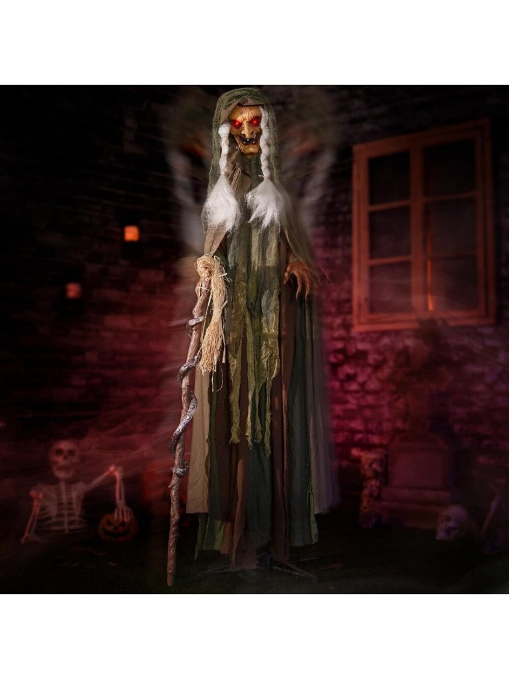 Spooky 69" Animated Witch Decoration - Sound-Activated, Light-Up Eyes, Creepy